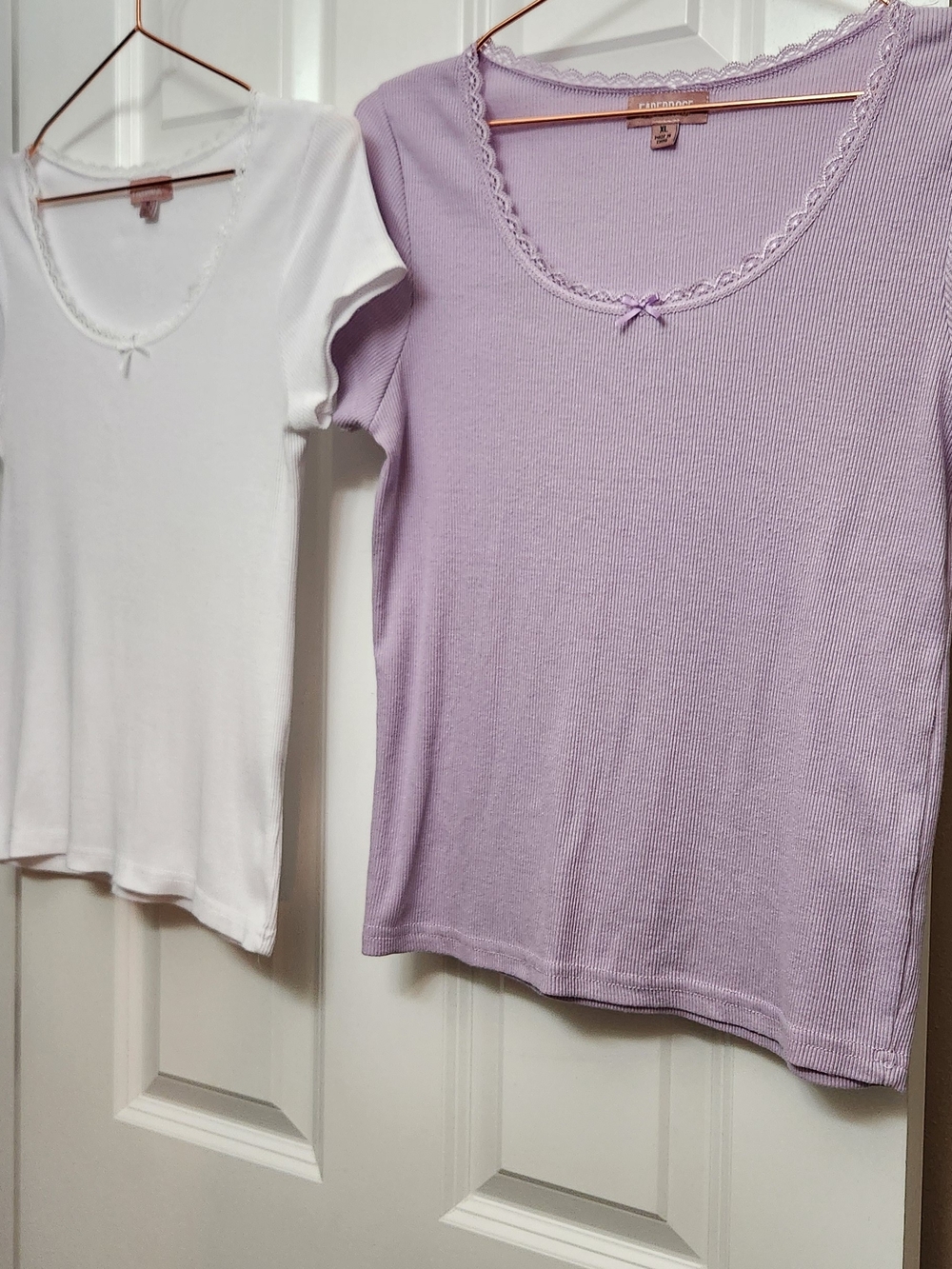 2 TOPS, Lace Trim Scoop Neck Tee - White & Lavender, XL.